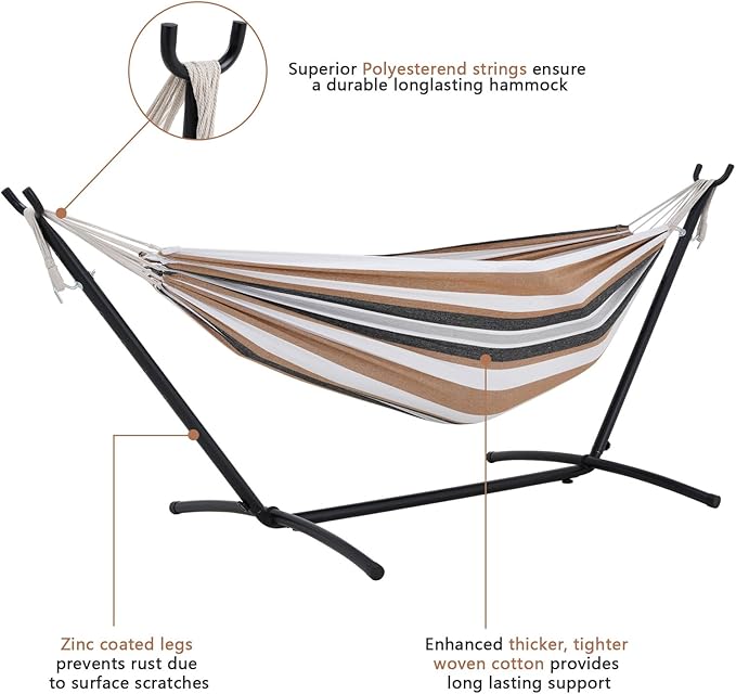 Double Hammock with Stand Included 450lb Capacity Space Saving Steel Stand,Premium Carry Bag Included,Suit for Outside,Indoor,Yard,Camping(Coffee).