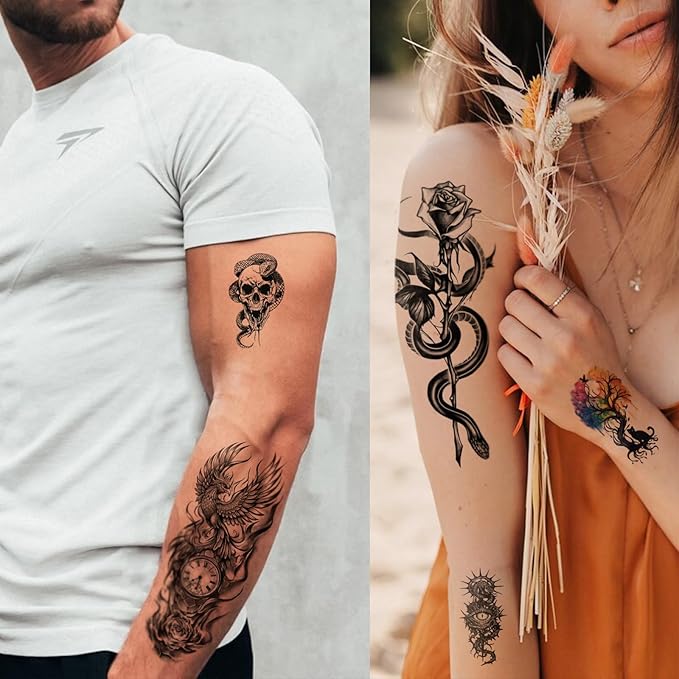 77 Sheets Temporary Tattoo for Women Men, 17 Sheets Half Arm Snake Skull Butterfly Fake Tattoos, 60 Sheets Cat Feater Wings Tiny for Adult Kids Party Body Tattoos Stickers Realistic Long Lasting