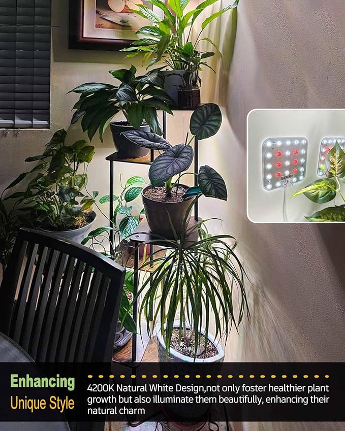 DOMMIA Grow Light, Square 4 Dimmable Full Spectrum High PPFD with Optical Lens, Auto on/Off and 6/12/16H Timer, Suitable for Hydroponics, Seedlings, Succulents, Veg, Flowers & More(No Adapters)