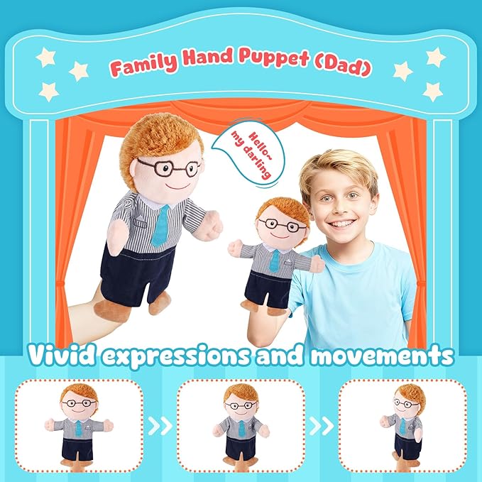1 Pcs Family Hand Puppets 12 Inch Grandparents, Mom & Dad, Brother & Sister Plush Hand Puppet Toys Role-Play Toy Puppets for Kids Storytelling Imaginative Pretend Play Teaching Preschool(Dad A)
