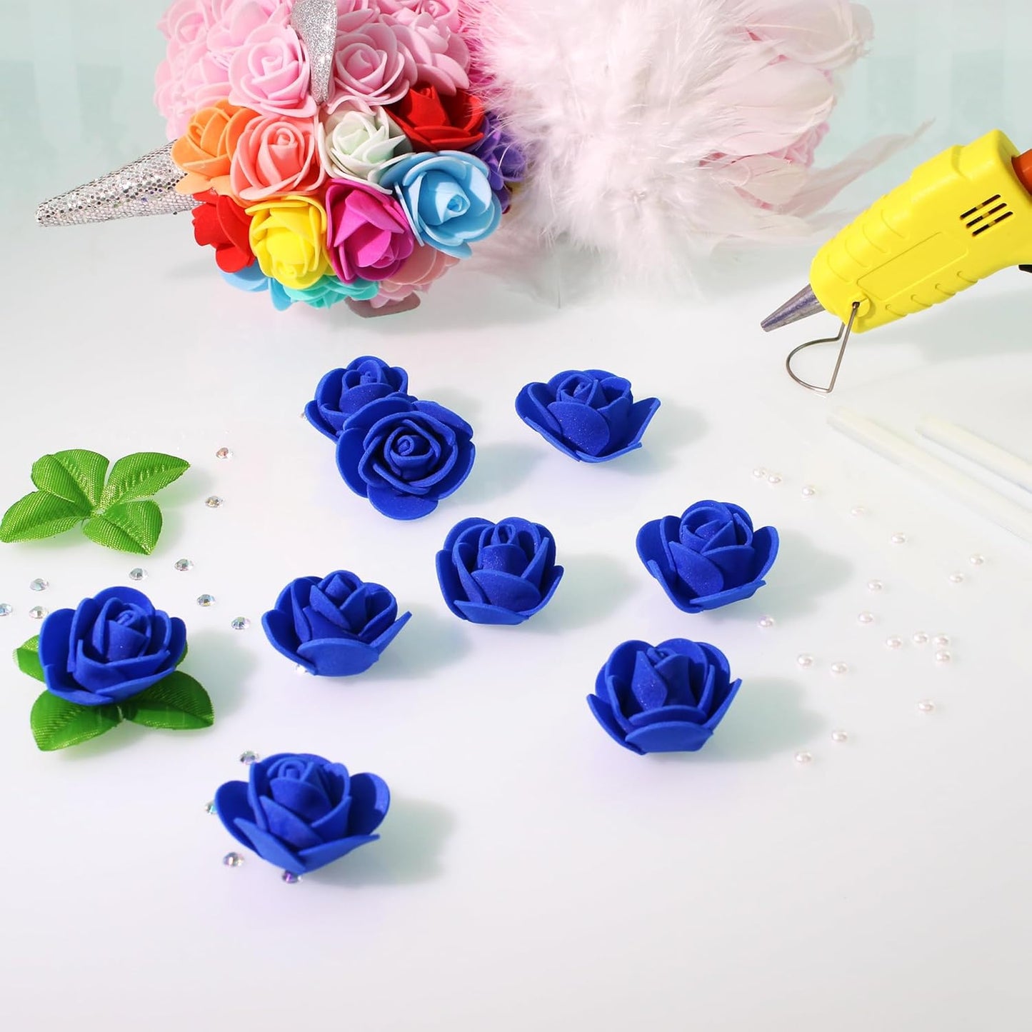 500 Pcs 1.4 Inch Mini Artificial Flowers Head Bulk 5 in 1 Set Faux Foam Fake Small Rose Tiny Baby Flores Bouquet Cake Gift Home Decoration DIY Craft (Dark Blue)