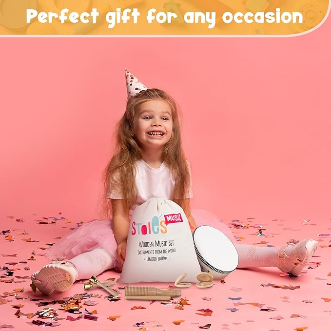 Stoie's Wooden Kids Musical Instruments for 3-9 Years Old, with Drum, Flute, Hand Bells, Cymbals, Castanets, Triangle, for Babies and Toddlers, Durable, Safe, Montessori Educational Toy, Storage Bag