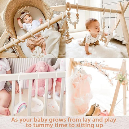 little dove Foldable Wooden Play Gym with 6 Toys - Infant Activity Gym for Baby Girls and Boys with Hanging Bar - Montessori Newborn Gift