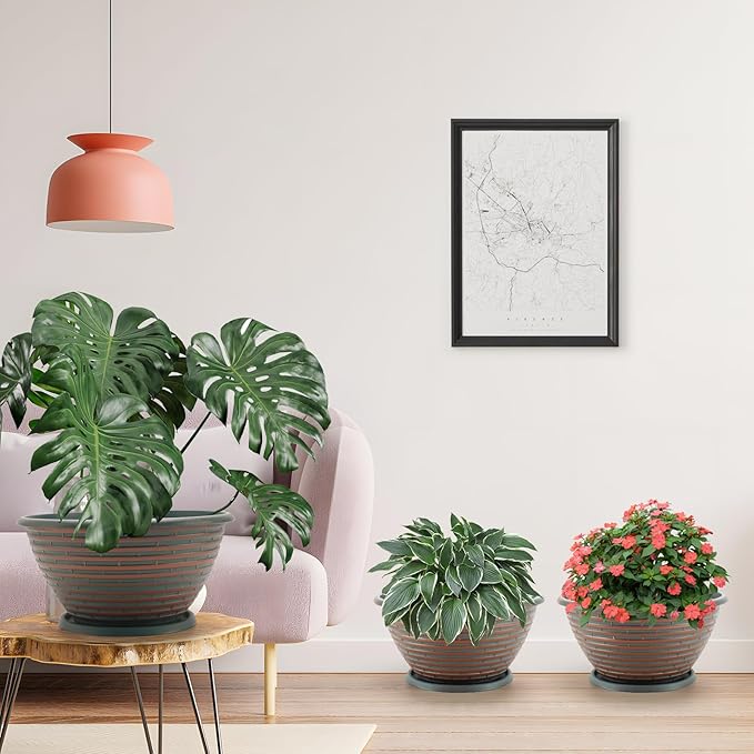 Quarut Large-Planter-Indoor-Outdoor Plant Pots, 12 inch 4 Pack Flower Pots with Saucer and Drainage Holes, Modern Planters for Planting Medium Large Plants,Decorative Resin Garden Pots(Brown)