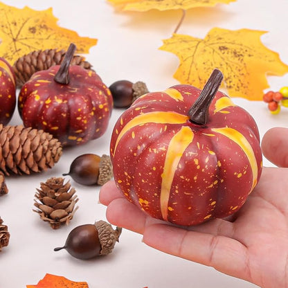 30 Pcs Artificial Pumpkins Set Fall Decorations with Maple Leaves Pine Cones Acorns Berries Assorted Fake Pumpkin for Thanksgiving Halloween Autumn Harvest Home Table Decor