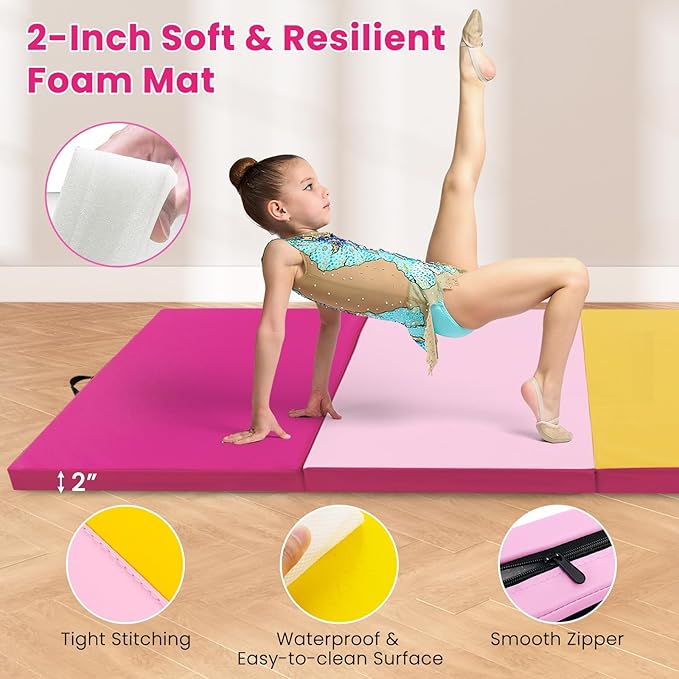 Giantex 4'x10'x 2" Gymnastics Mat, 4-Panel Folding Aerobics Exercise Mat w/Hook & Loop Fastener, Carrying Handle, Portable Tumbling Mat for Stretching Yoga Cheerleading Martial Arts