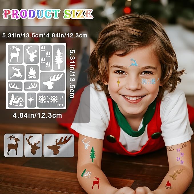 158 PCS Christmas Temporary Tattoo Stencils for Kids, Face and Body Paint Stencils Kit, Girl Boy Glitter Xmas Santa Tattoos Stencils Pack for Christmas Kids School Show Birthdays Party Favor Supplies
