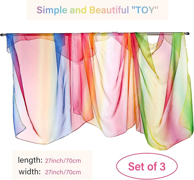 Geyoga 3 Pcs Square Play Silk Scarf 27 Inch Rainbow Sweet Silks Dance Juggling Scarf for Kids Pretend Creative Play, Dress up and Childhood Fun