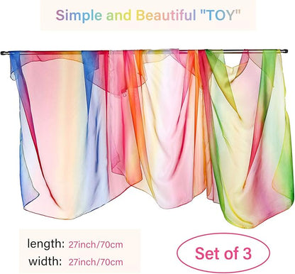Geyoga 3 Pcs Square Play Silk Scarf 27 Inch Rainbow Sweet Silks Dance Juggling Scarf for Kids Pretend Creative Play, Dress up and Childhood Fun