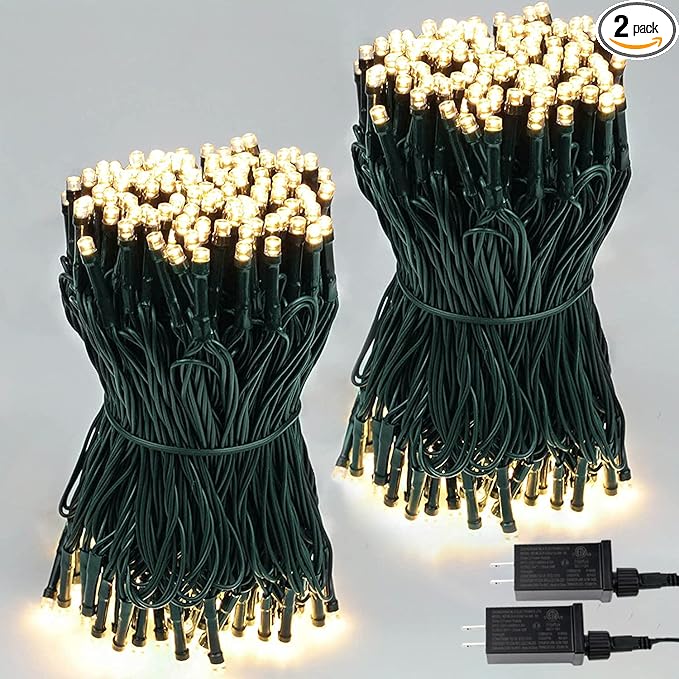 SANJICHA 2-Pack 66FT 200 LED Christmas Lights, Extendable Christmas Tree Light with Timer & Memory Function, Waterproof Green Wire Outdoor String Lights Indoor with 8 Lighting Modes (Warm White)