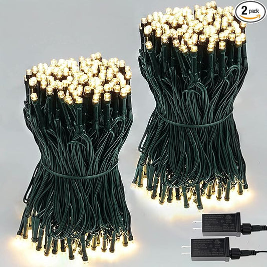 SANJICHA 2-Pack 66FT 200 LED Christmas Lights, Extendable Christmas Tree Light with Timer & Memory Function, Waterproof Green Wire Outdoor String Lights Indoor with 8 Lighting Modes (Warm White)
