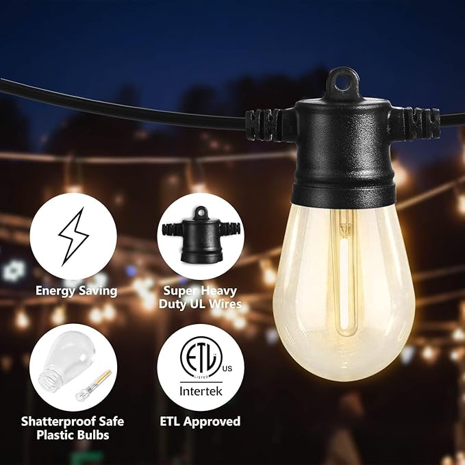SUNTHIN Outdoor String Lights, 144ft(3 Pack 48ft) Patio Lights with LED Shatterproof Bulbs, Hanging for Outside, Garden, Backyard, Deck, Porch, Bistro, Pool, Party