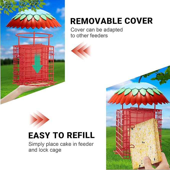 Suet Feeder Double with Weather Guard & Ant Moat, Skaithee Bird Feeders for Outdoors Hanging with 2 Holders Keep Cakes Clean & Fresh Attracts Wild Birds Great for Woodpecker & Clinging Birds, Red