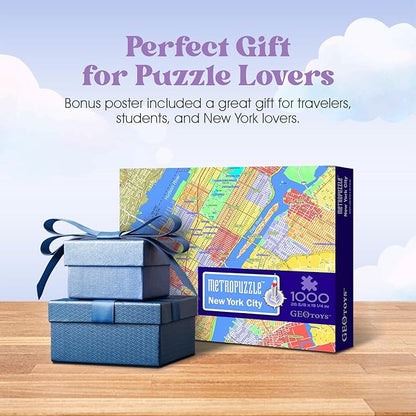 GeoToys Metropuzzle, New York City Jigsaw Puzzles 1000 Pieces, Detailed City Map Geography Puzzle, Challenging Adult Puzzle, Fun Puzzles for Adults, Family Puzzles, US City Map Poster Included