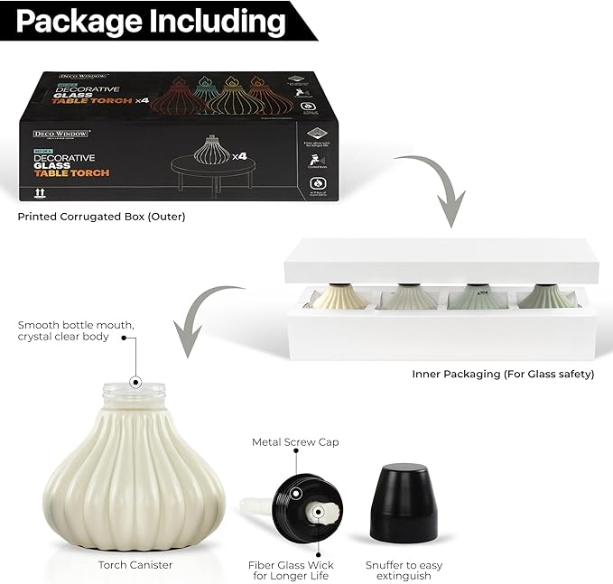 Deco Window Pack of 4 Table Torch for Indoor Outdoor Citronella Oil Tabletop Ceramic Lamp Landscape Multicolored Lantern with Fiberglass Wick & Cap for Garden Patio Yard Party Decor Light