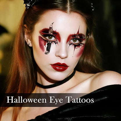 Halloween Bloody Eyeliner Temporary Tattoos for Adults, 16 Pairs Blood Red Eyes Fake Tattoos, Gothic Spooky Designs with Spiders Web, Bats, Skulls, Bloody palm