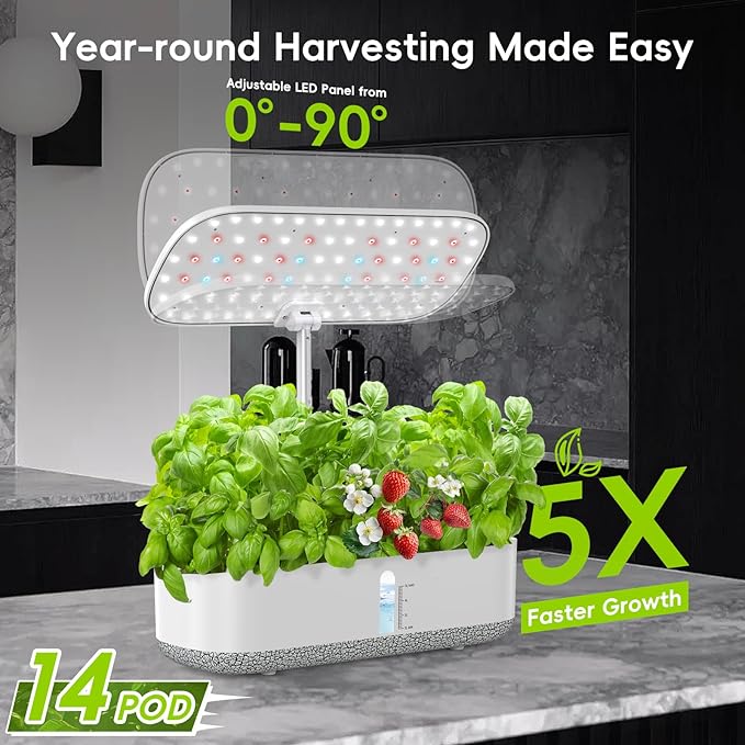 Large Hydroponics Growing System 14 Pods, Indoor Herb Garden with LED Grow Light, 5L Water Tank, Hydroponic Grow Kit with 3 Auto-Timers, Rotatable Light Panel and Child Lock for Home School Gardening