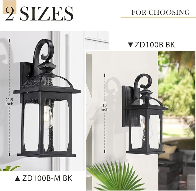 zeyu 22 Inch Outdoor Wall Light Sconce, Large Exterior Wall Light Fixture for House Porch, Die-Cast Aluminum with Seeded Glass, Black Finish, ZD100B-M BK