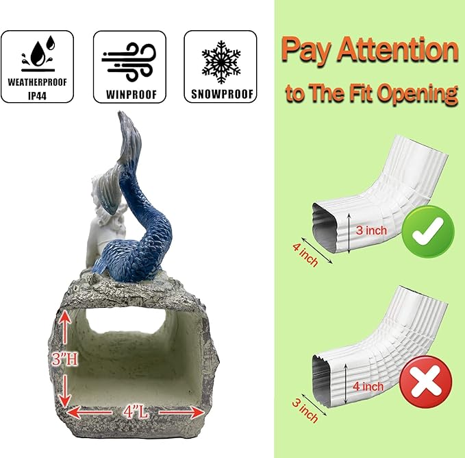 Mermaid Statue Garden Rain Downspout Diverter, Decorative Gutter Extension, Splash Block, Eco-Friendly Resin Downspout Extension,Perfect Rain Diverter for 3"x4" Downspouts (10.6 in)