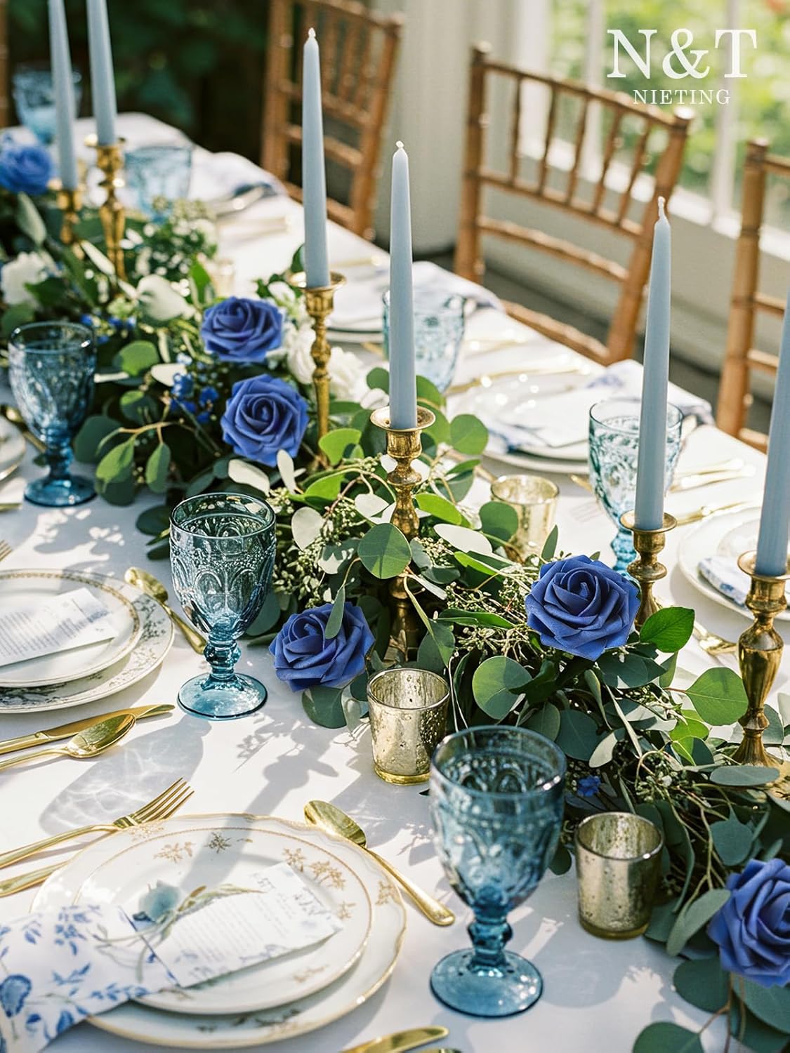 N&T NIETING Artificial Flowers Roses 25Pcs Fake Flowers Foam Roses with Stems for Halloween DIY Wedding Bridesmaid Bridal Bouquets Centerpieces Party Home Decoration Baby Shower, Navy Blue