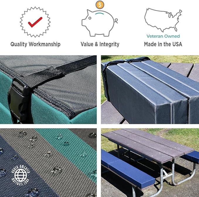 North American Mattress 6' Outdoor Picnic Bench Seat Cushion -2 Piece Set; 72" (6ft) x 10" x 3"; Green/Blue - Folding & Easy to Carry
