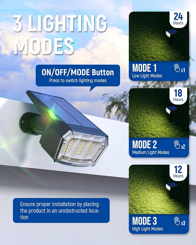 Solar spotlights Outdoor 63 LED 3 Lighting Modes, IP65 Waterproof Lighten Yard Garden House Garage Pathway for Christmas Decorations-4 Pack