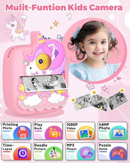 Kids Camera Instant Print, Christmas Birthday Gifts for Girls Age 3-8, 48MP &1080P Children Camera with Photo Paper, Portable Toy Instant Camera for Kids 3 4 5 6 7 8 9 10 Year Old Girls