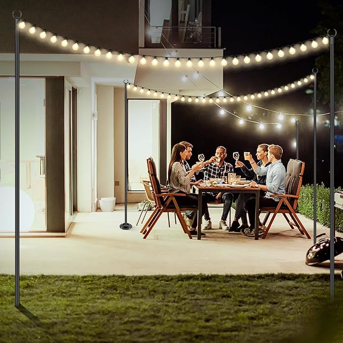 String Lights Poles Outdoor 10.3FT, 2 Pack 2 in 1 Upgraded Metal Light Poles for Hanging String Lights, Outside Lighting Stand with Hooks for Wedding, Parties, Deck, Garden, Fence Decor