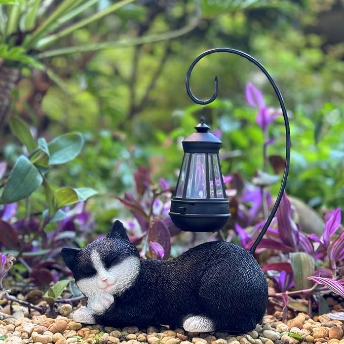 Solar Garden Outdoor Cat Statues Cute Resin Cat Figurine with Solar Lantern, 13 Inch Tall Outdoor Garden Cat Statue Decor for Pathway Yard Lawn Patio & Porch, Gift for Mom and Grandma