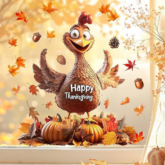 1 Sheet Thanksgiving Window Clings Decor Autumn Maple Leaf Cartoon Turkey Design Double-Sided Fall Window Stickers Happy Thanksgiving clings for Glass Windows Holiday Party DIY Supplies