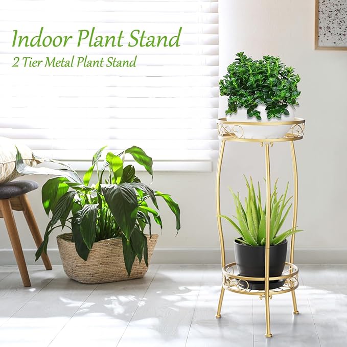 H HOMEXIN Plant Stand Indoor Outdoor, 2 Tier Tall Metal Plant stand 27 " Plant Holder Rack Heavy Duty Rustproof Decorative Plant Shelf for Corner Garden Balcony Patio Lawn office