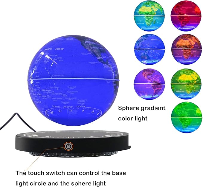 6" Magnetic Levitating Globe, 360°Rotating Geographic Globes Levitating Globes with LED Light Floating Magnetic Levitation Floating Globe for Desk Home Office Classroom Decor(Blue+Black/Style A)