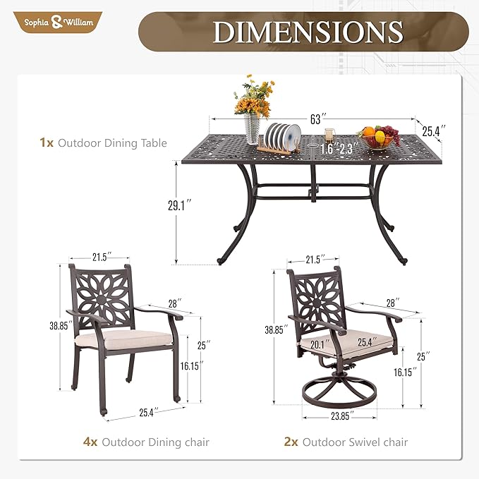 Sophia & William 7 Pieces Cast Aluminium Patio Dining Set for 6 People, Powder-Coating Outdoor Table and 4 Chairs & 2 Swivel Rocking Chairs, Outdoor Patio Table Set with 2.3" Umbrella Hole, Bronze