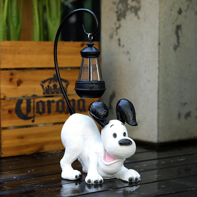 Laughing Dog Figurine with Solar-Powered LED Light 15.9 Inches Tall Perfect for Gift Garden Decor or Housewarming for Dog Lovers White
