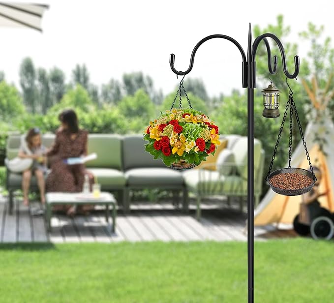 FEED GARDEN [Upgrade Version 92 Inch Three Shepherd Hooks for Outdoor,Bird Feeder Pole with 5 Prong Base, Adjustable Shepard Hooks for Hanging Plant, Solar Lanterns, Wind Chimes, 2 Pack