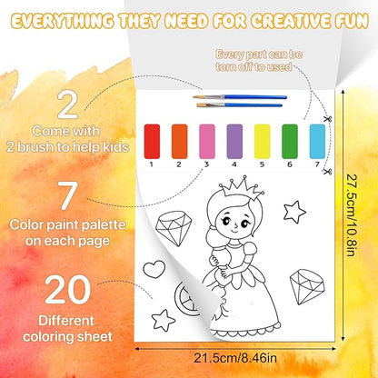 Paint with Water Coloring Books for Kids,Princess Art Craft Kit No Mess Water Color Painting Sets for Kids Ages 4-8,Birthday Gifts Travel Toy Crafts Supplies Kits for Girls Boys Drawing with 2 Brushes