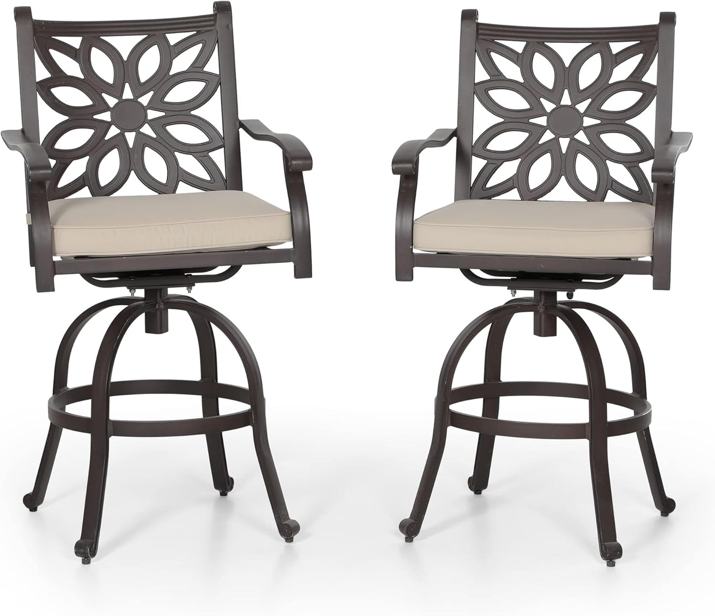 PHI VILLA Outdoor Swivel Bar Stools Set of 2, Cast Aluminum High Top Pub Height Patio Bar Chairs with Seat Cushion