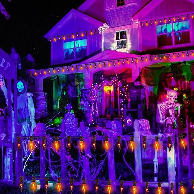 27.8 FT Halloween Decorations, C7 Clear Orange and Purple Halloween Lights, Flickering Flame String Lights Outdoor, E12 Screw Base, Flame String Lights for Halloween Garden Patio Party Decor, Black