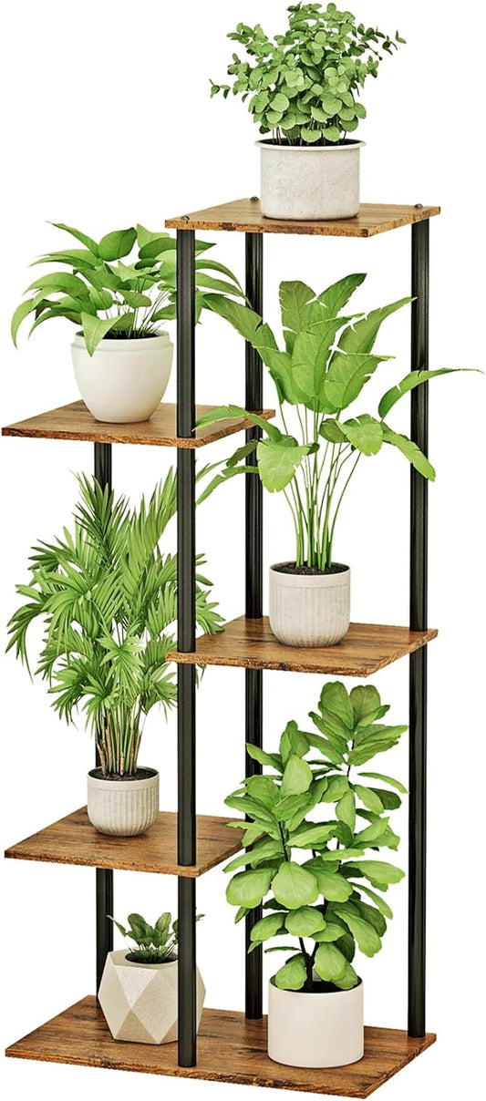 Plant Stand Indoor 5 Tier 6 Potted Metal Wood Plant Shelf, Multiple Flower Pots Corner Tall Plant Holder Stands for Living Room Balcony Bedroom, Rustic Brown