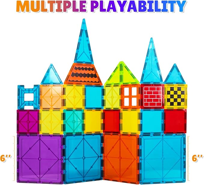 6 Piece Magnetic Tiles Set Large Square Shape Magnet Building Block Construction Toy STEM Learning Kit Educational Playset Playboard (NF-06 Set)