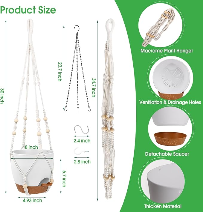 Hanging Planters for Indoor Outdoor Plants, 2 Pack Self Watering Hanging Pot with Drainage Holes, Removable Tray & 2 Kinds of Plant Hangers, 8'' Hanging Flower Pots for Home Garden Decor, White