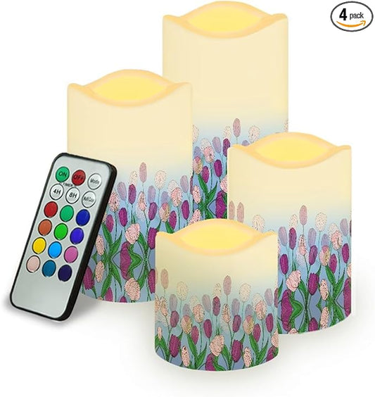 Ystardream Purple Tulips Flameless Candles with Timer Led Candles Flickering 4 Candle Sets for Home Decor,18 Key Remote Control，Dancing Flame, True Wax, Battery Power