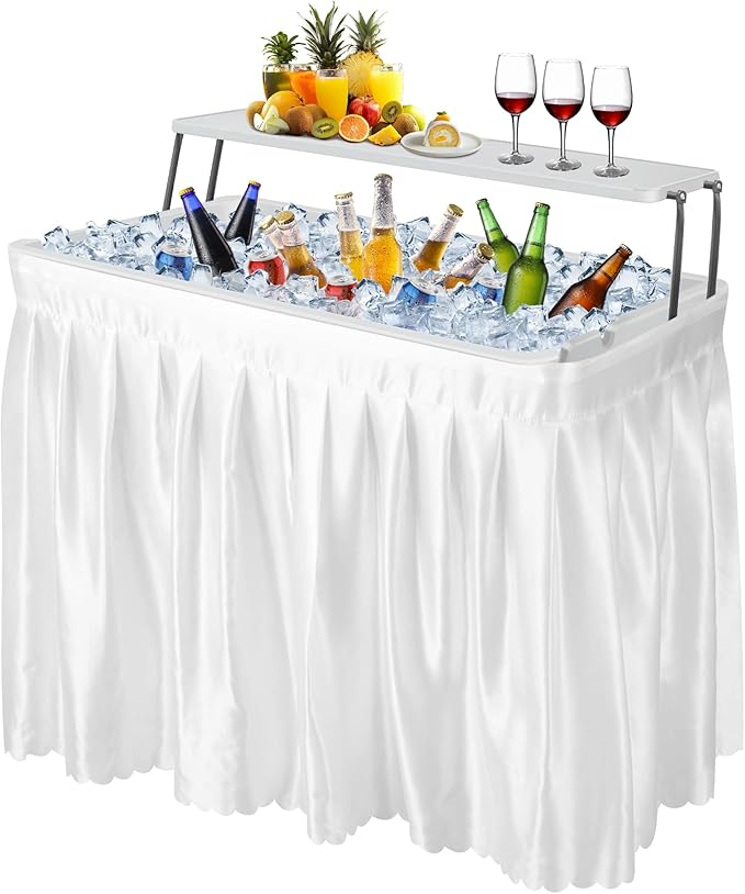 Portable Folding Ice Cooler Table - 2 Tier Outdoor Cooler Table with Removable Matching Skirt and Shelf, Ice Tables for Party, Camping, Picnic, Foldable Self-Serving Beverage Cooling Bar(White)