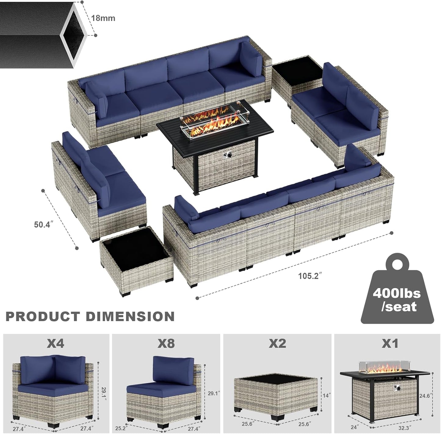 15-Piece Patio Furniture Set, Outdoor Patio Furniture with 55,000 BTU Fire Pit Table, Thick Cushions, Modular Patio Sofa, Dual-Strand Wicker Rattan, Rust-Resistant Frame, Navy Blue