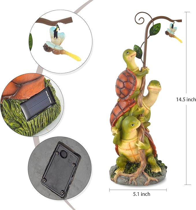Turtle Figurine Garden Decor, Solar Turtle Outdoor Statue, Funny Turtle Gift Sculpture Decoration for Home Patio Yard Lawn Porch Ornament