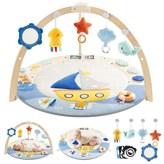 Baby Play Gym Activity Mat, 5 Developmental Zones Wooden Tummy Time Mat with 7 Detachable Sensory Toys for Motor Skills & Sensory Development, Baby Essentials Shower Gift, Easy to Install