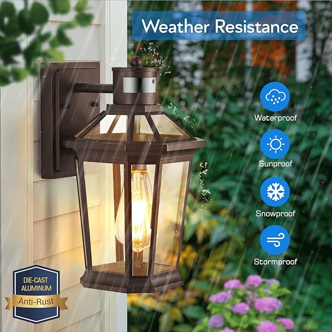 VIANIS Oil Rubbed Bronze Dusk to Dawn Motion Sensor Porch Light, Anti-Rust Aluminum Frame, Tempered Glass, 100% Weather Resistant, Easy Installation, Fits Standard E26 Bulbs