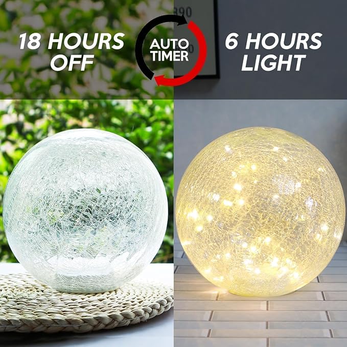 Mercury Crackle LED Glass Globe Ball Lamp with Timer, Battery Operated Night Light for Girls, Birthday, Halloween,Christmas - Decorative Gift for Home Warm White (with Timer)