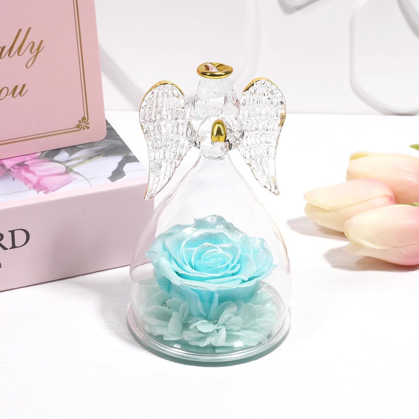 Yamonic Mom Birthday Gifts for Mom, Angel Figurines with Real Rose Gifts for Her Women Grandma, Preserved Flowers Rose Angel Figurines for Mothers Day Christmas Anniversary Birthday Gifts for Wife