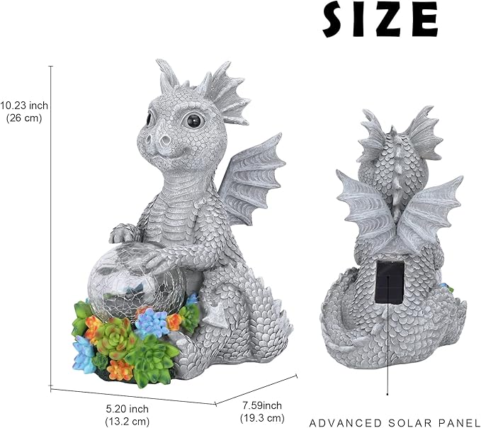 Garden Dragon Statue Outdoor Decor, Large Dragon Figurine with Solar Crackle Globe Light Yard Art Decoration Resin Ornament for Indoor Home Outdoor Patio Lawn Gift